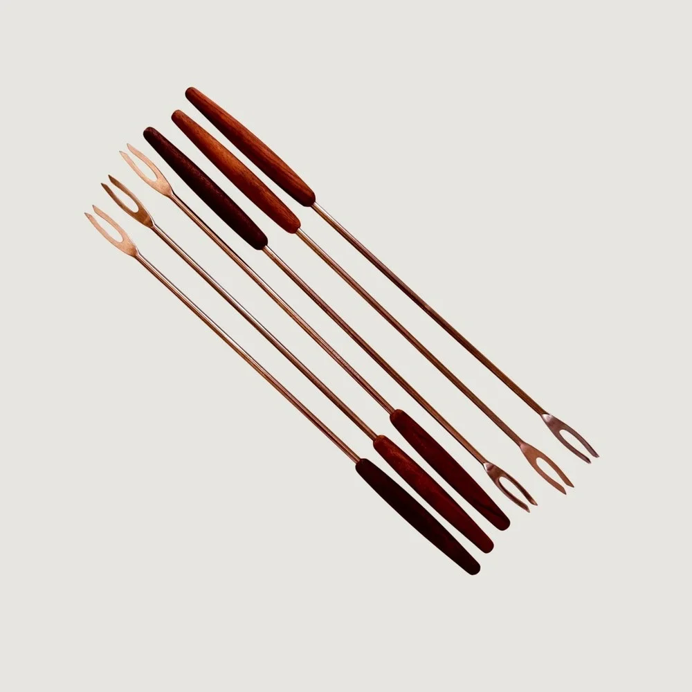 Box of 6 Vintage Mid Century Modern Stainless Steel & Teak Fondue Forks